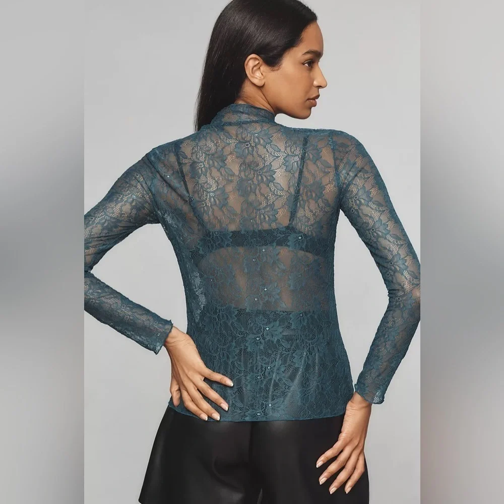 NWT! By Anthropologie Turquoise Lace Layering Turtleneck - Size XXS 🪄